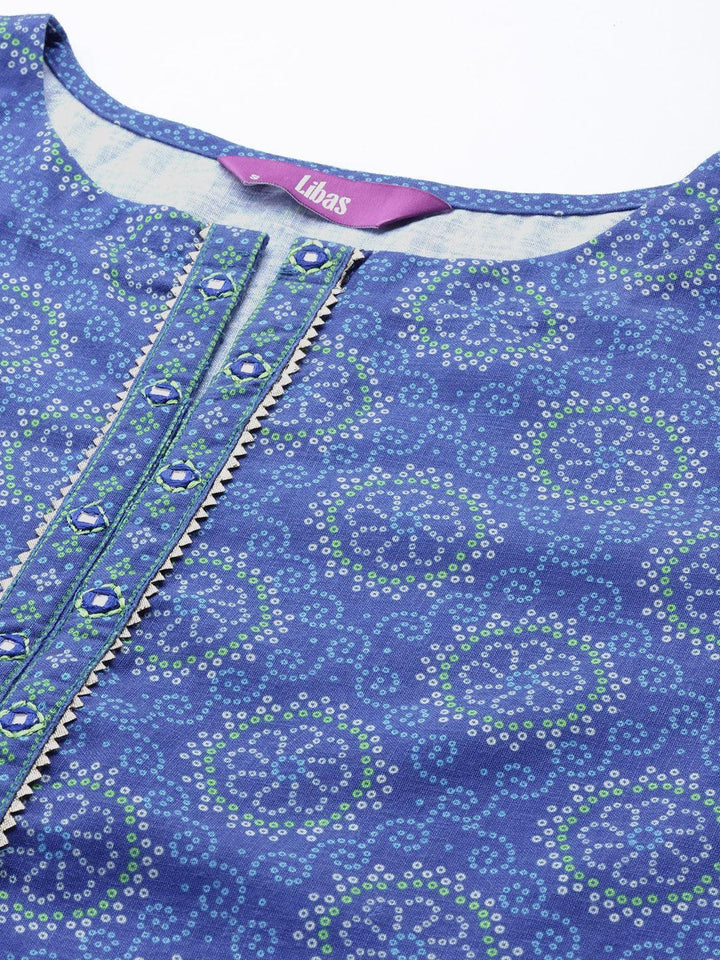 Blue Printed Cotton Straight Kurta Set With Trousers