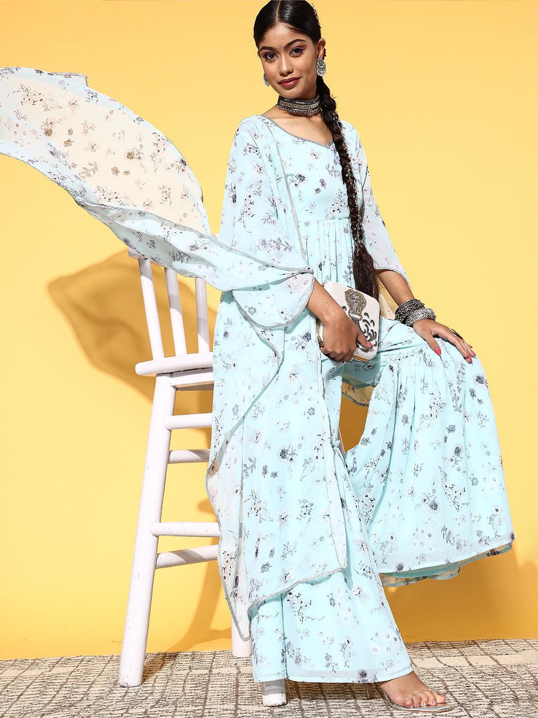 Blue Printed Georgette A-Line Suit Set - ShopLibas