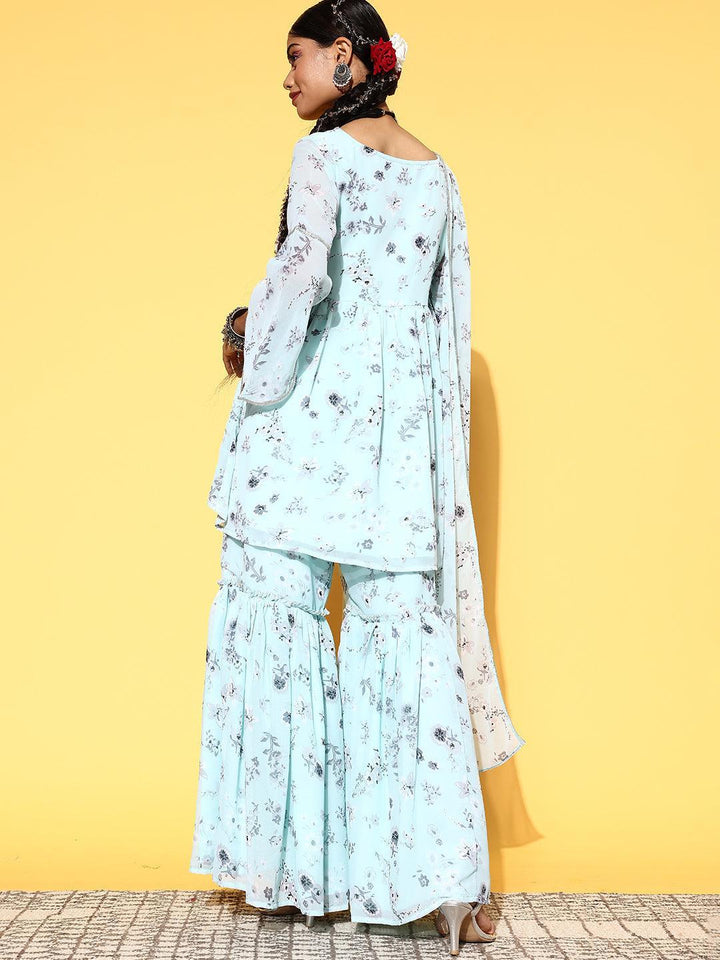 Blue Printed Georgette A-Line Suit Set