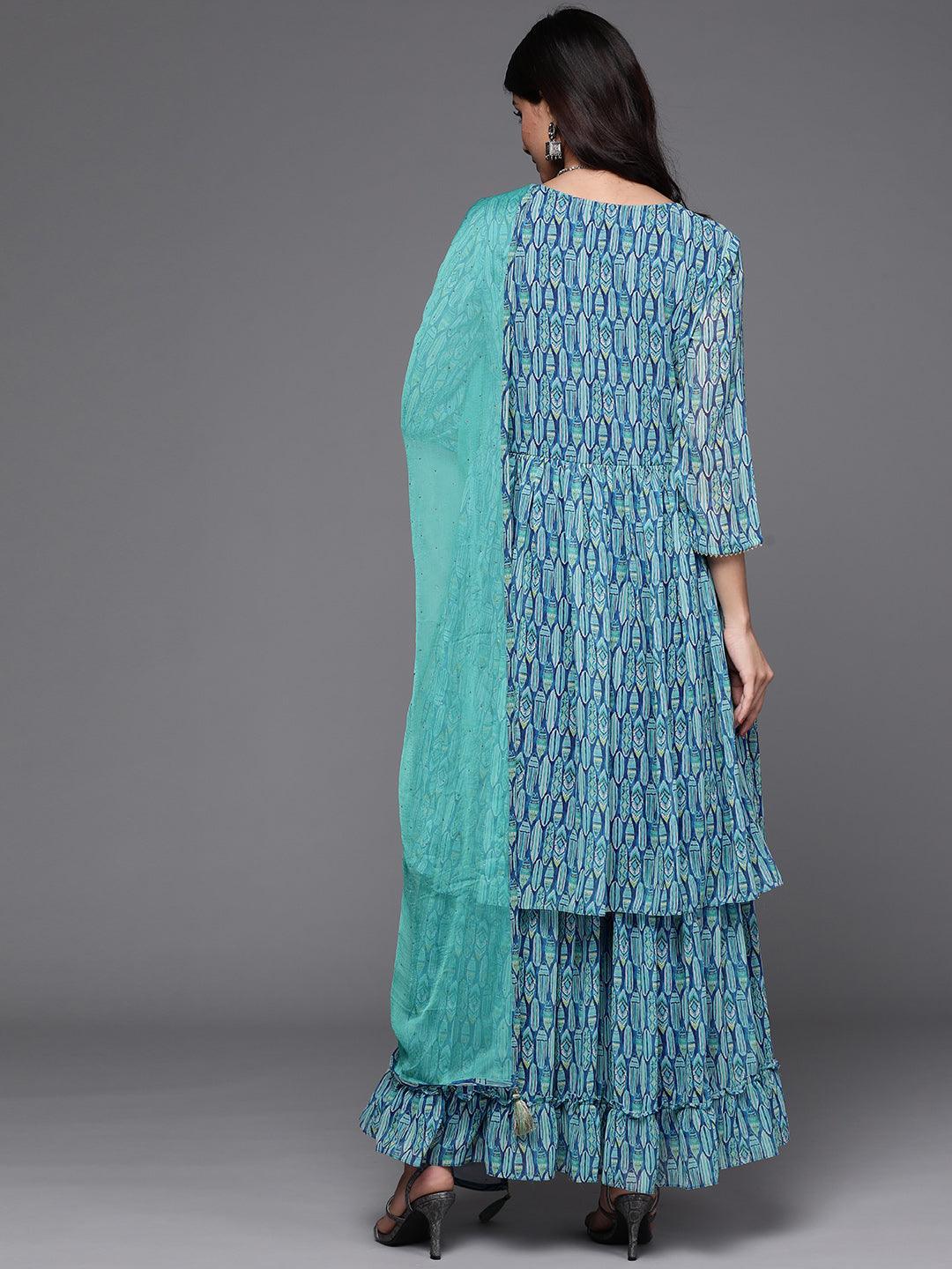 Blue Printed Georgette Suit Set - ShopLibas