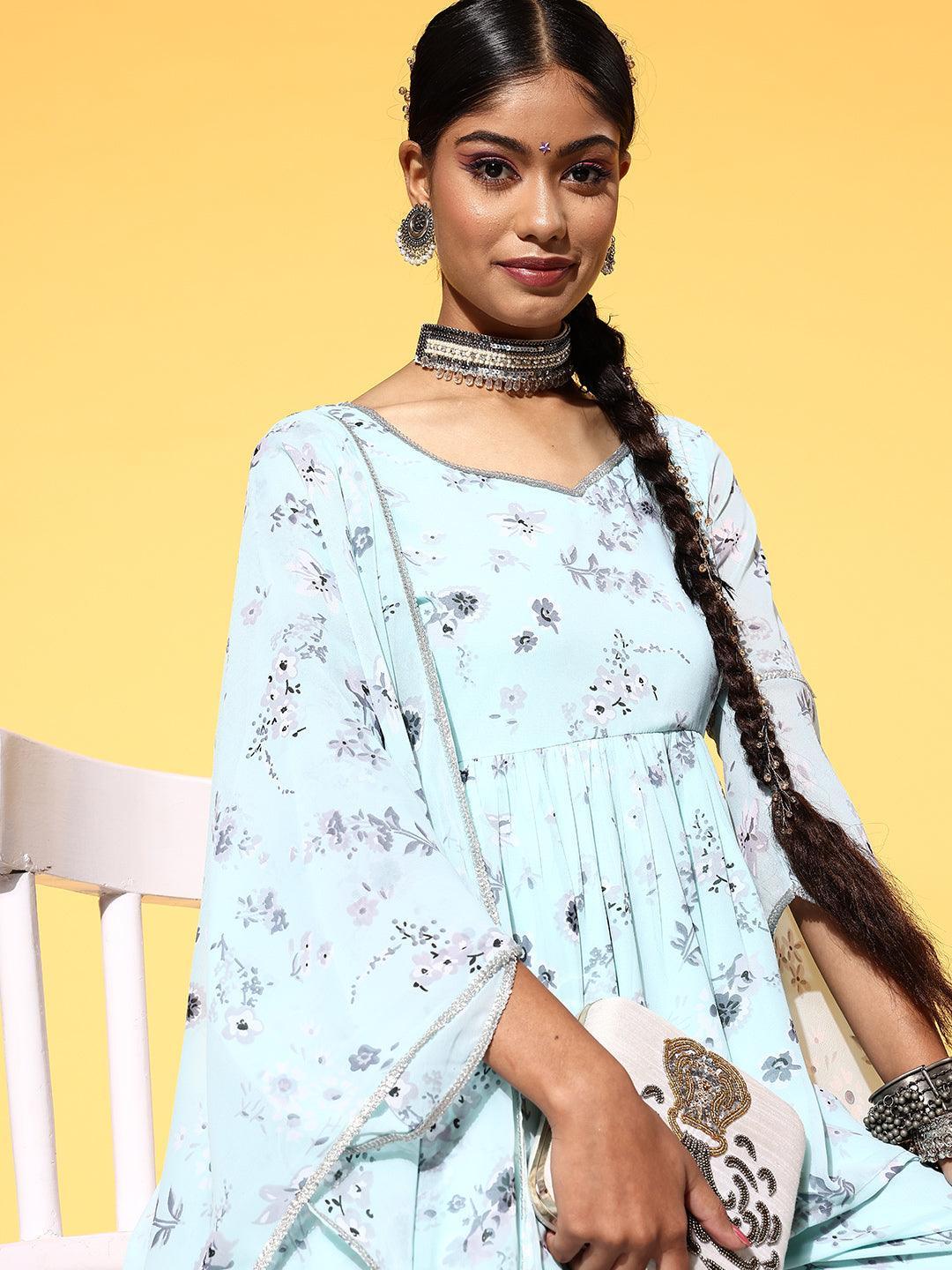 Blue Printed Georgette A-Line Suit Set - ShopLibas