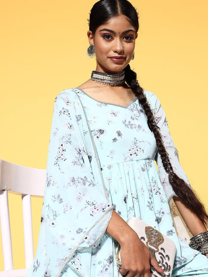 Blue Printed Georgette A-Line Suit Set