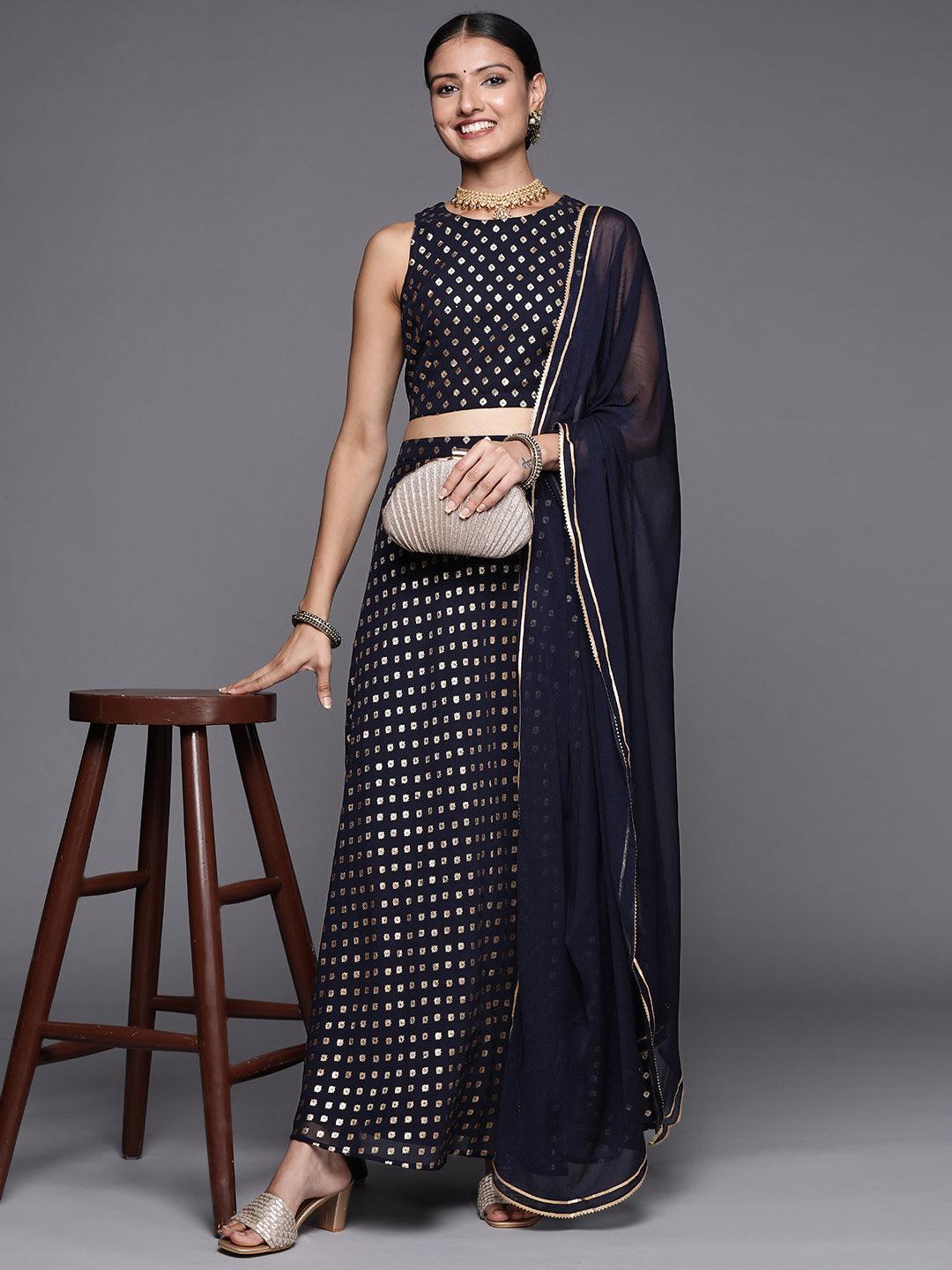 Blue Printed Georgette Lehenga Set - ShopLibas