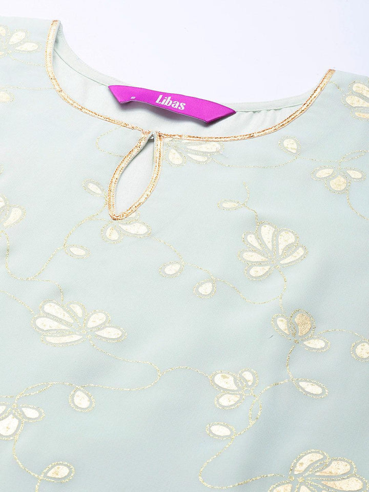 Blue Printed Georgette Straight Kurta With Sharara & Dupatta