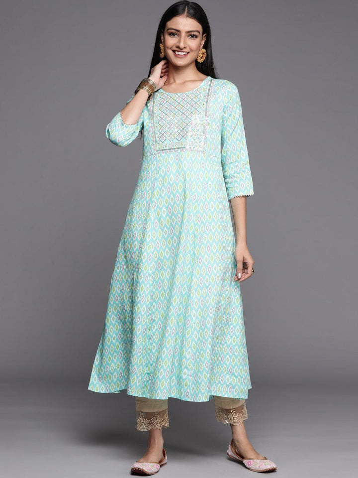 Blue Printed Rayon A-Line Kurta