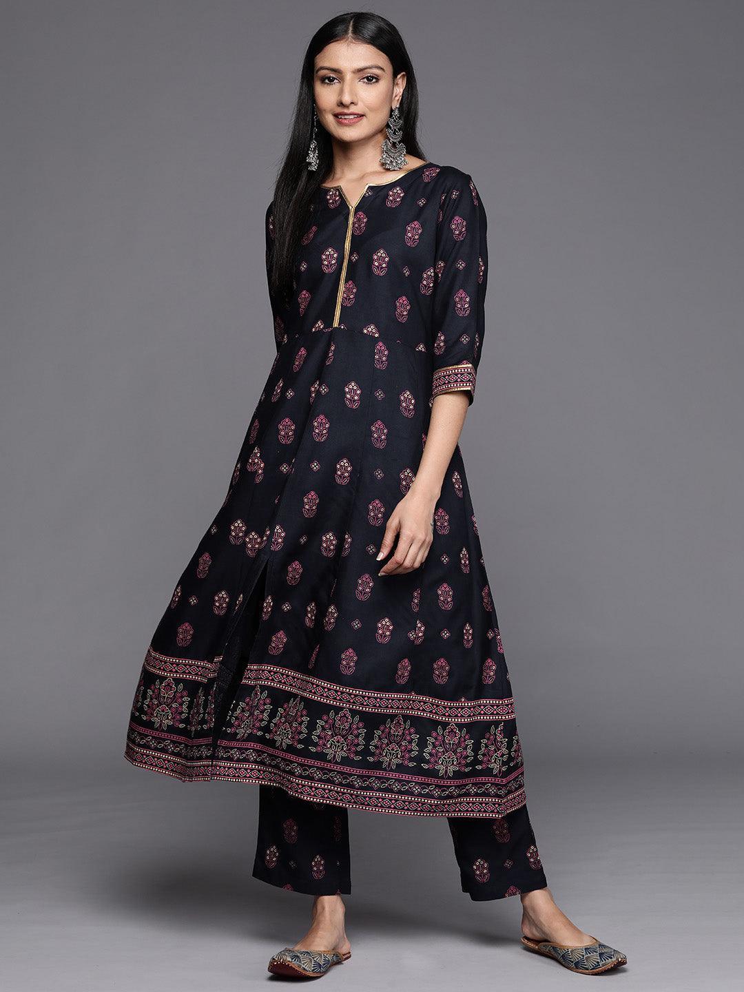 Blue Printed Rayon A-Line Kurta - ShopLibas