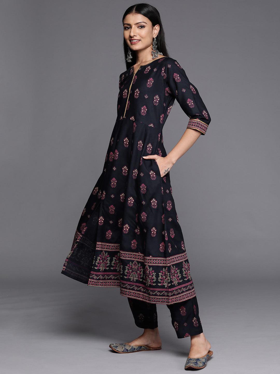 Blue Printed Rayon A-Line Kurta - ShopLibas