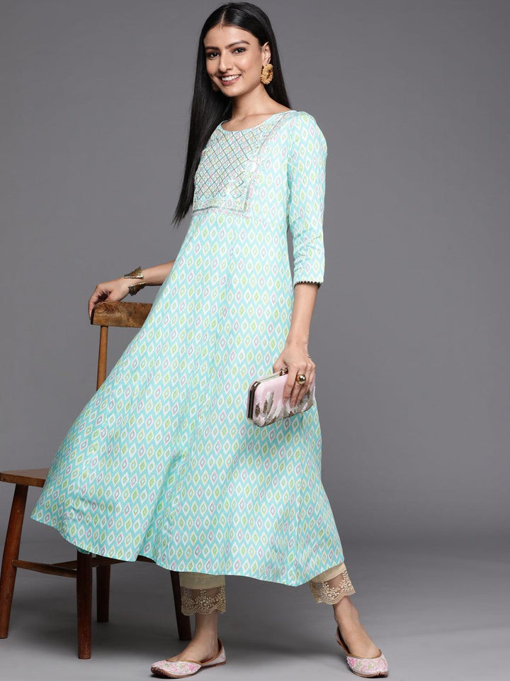 Blue Printed Rayon A-Line Kurta