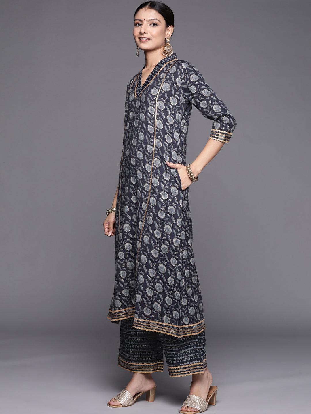 Blue Printed Rayon A-Line Suit Set - ShopLibas