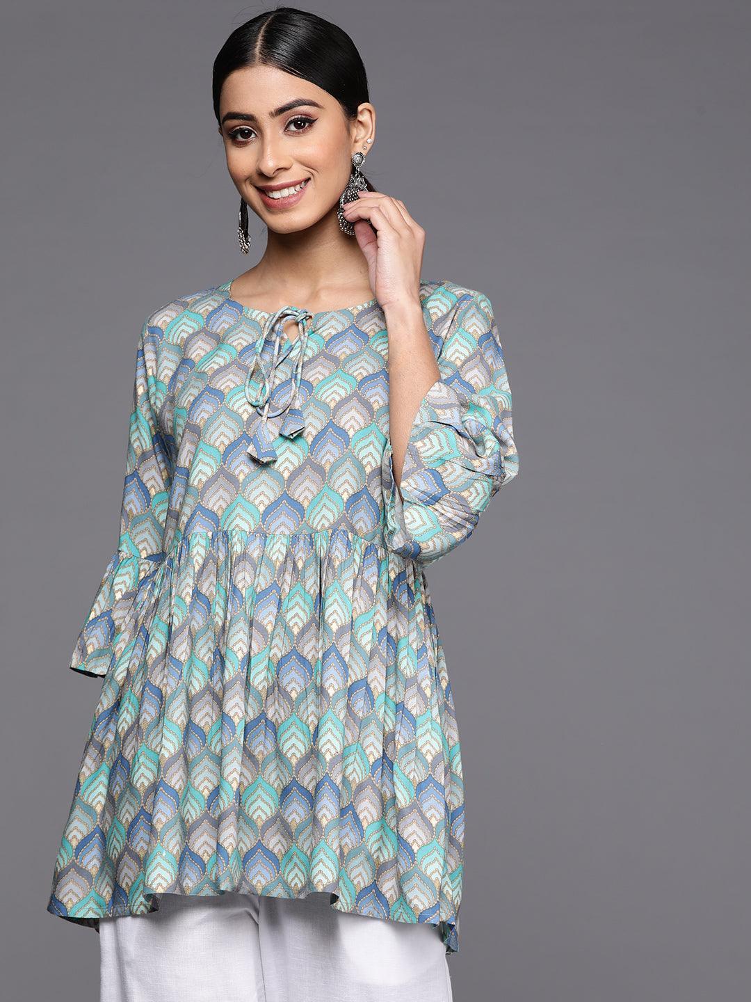 Blue Printed Rayon A-Line Kurti - ShopLibas
