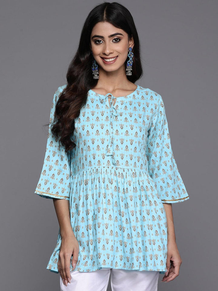 Blue Printed Rayon A-Line Kurti
