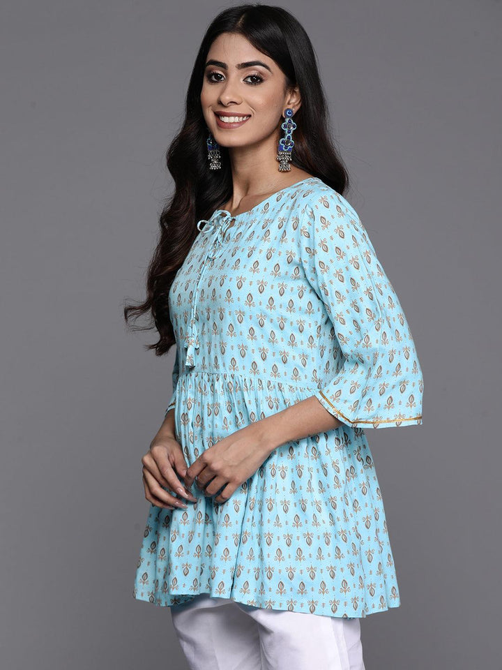 Blue Printed Rayon A-Line Kurti