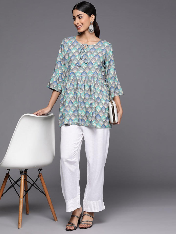 Blue Printed Rayon A-Line Kurti