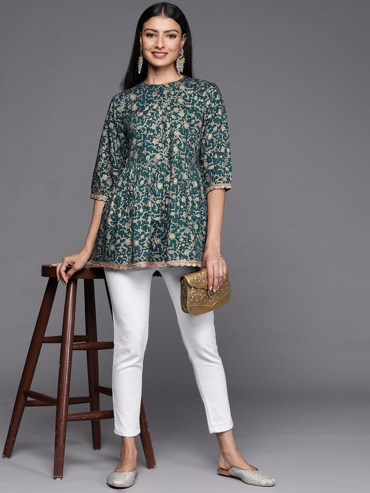 Blue Printed Rayon A-Line Kurti