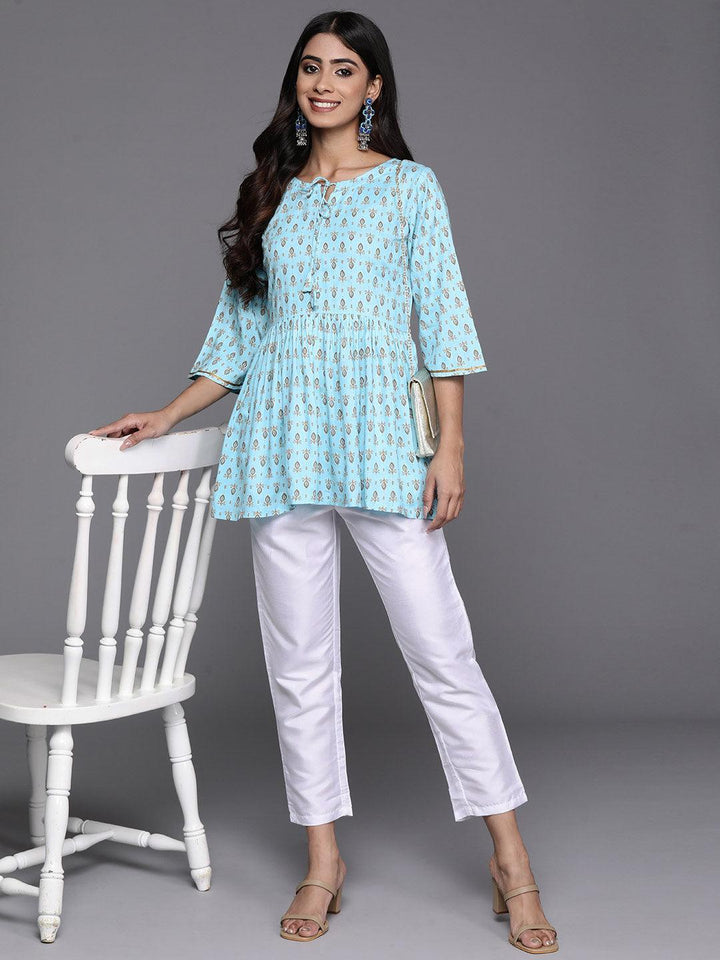 Blue Printed Rayon A-Line Kurti