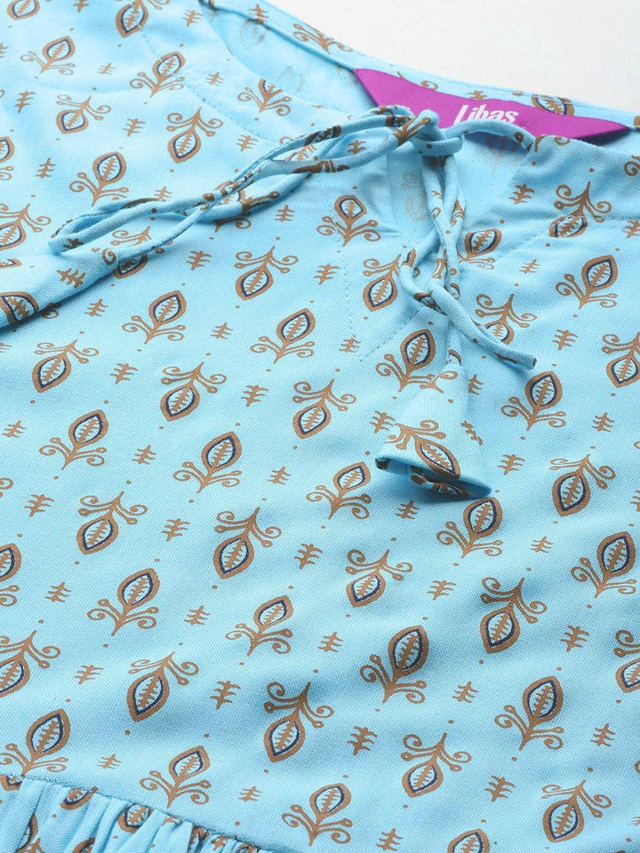 Blue Printed Rayon A-Line Kurti