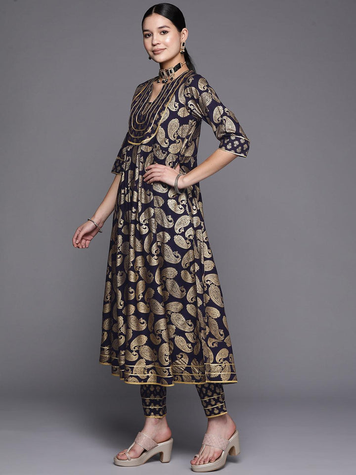 Blue Printed Rayon Anarkali Suit Set With Trousers