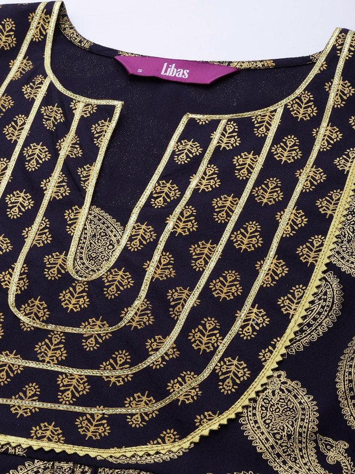 Blue Printed Rayon Anarkali Suit Set With Trousers