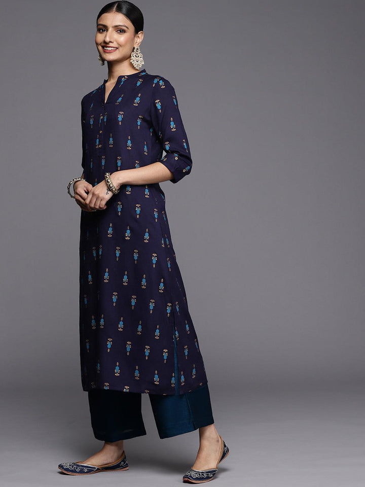 Blue Printed Rayon Straight Kurta