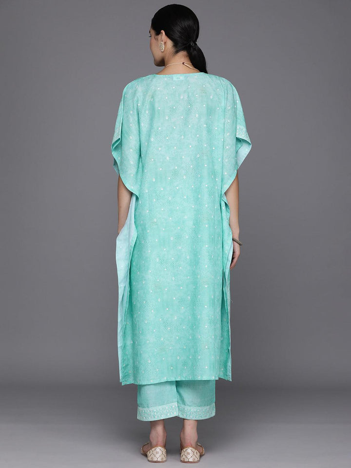 Blue Printed Silk Blend Kaftan Kaftan With Trousers