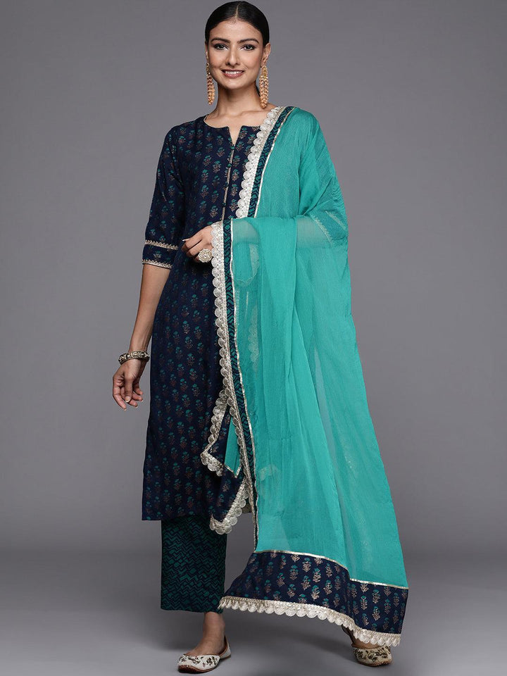Blue Printed Silk Blend Straight Suit Set