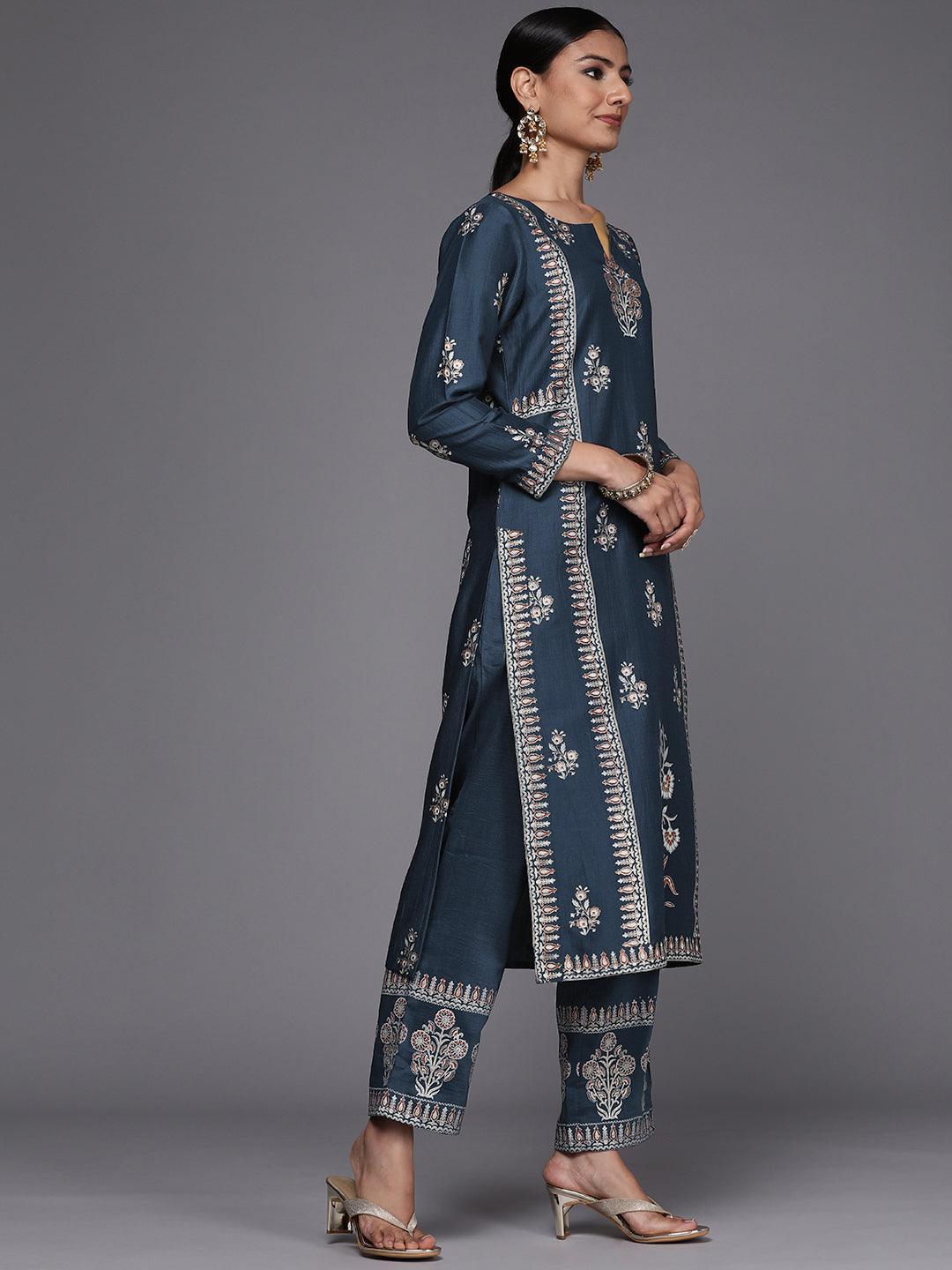 Blue Printed Silk Blend Straight Suit Set - ShopLibas
