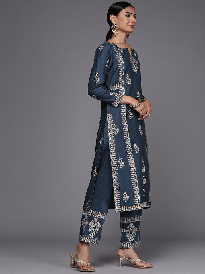 Blue Printed Silk Blend Straight Suit Set