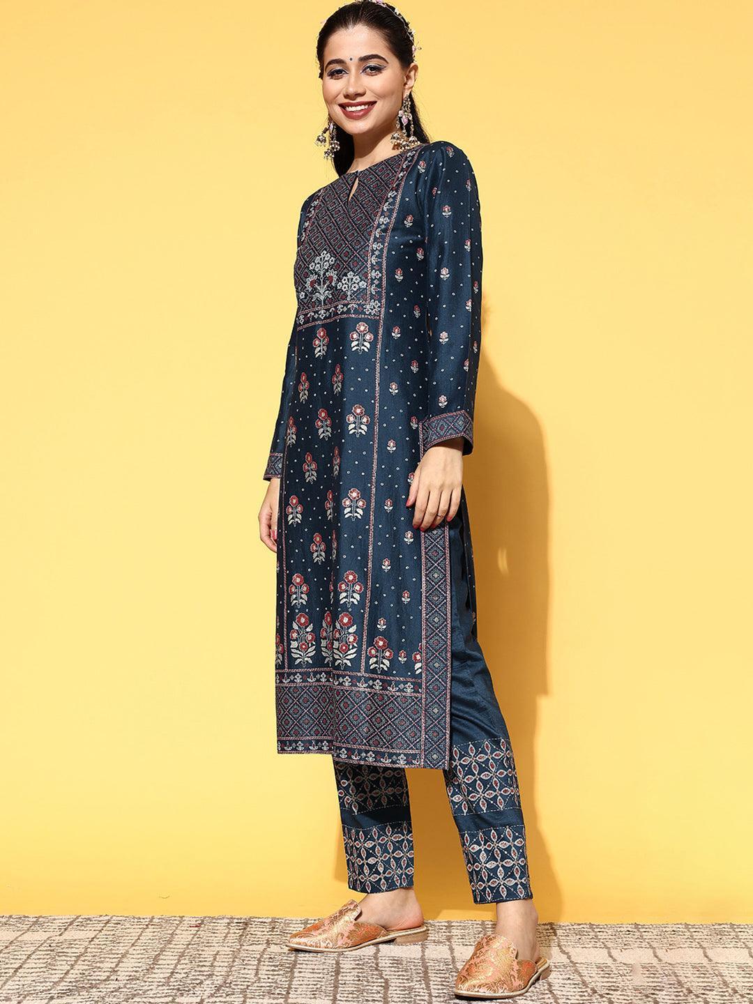Blue Printed Silk Blend Straight Suit Set - ShopLibas