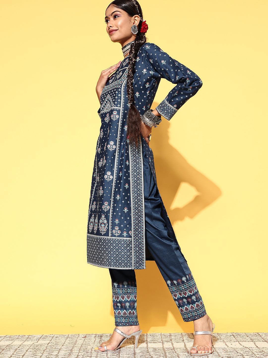 Blue Printed Silk Blend Straight Suit Set - ShopLibas