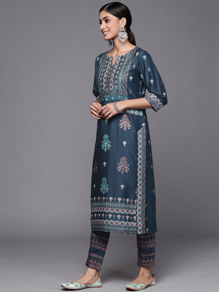 Blue Printed Silk Blend Straight Suit Set
