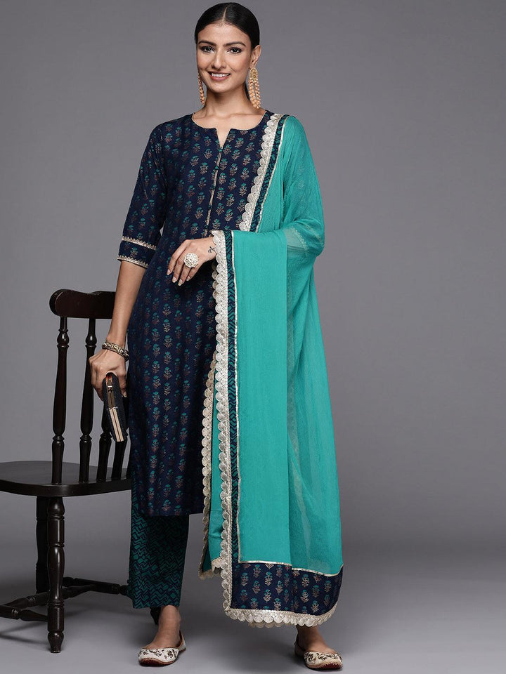 Blue Printed Silk Blend Straight Suit Set