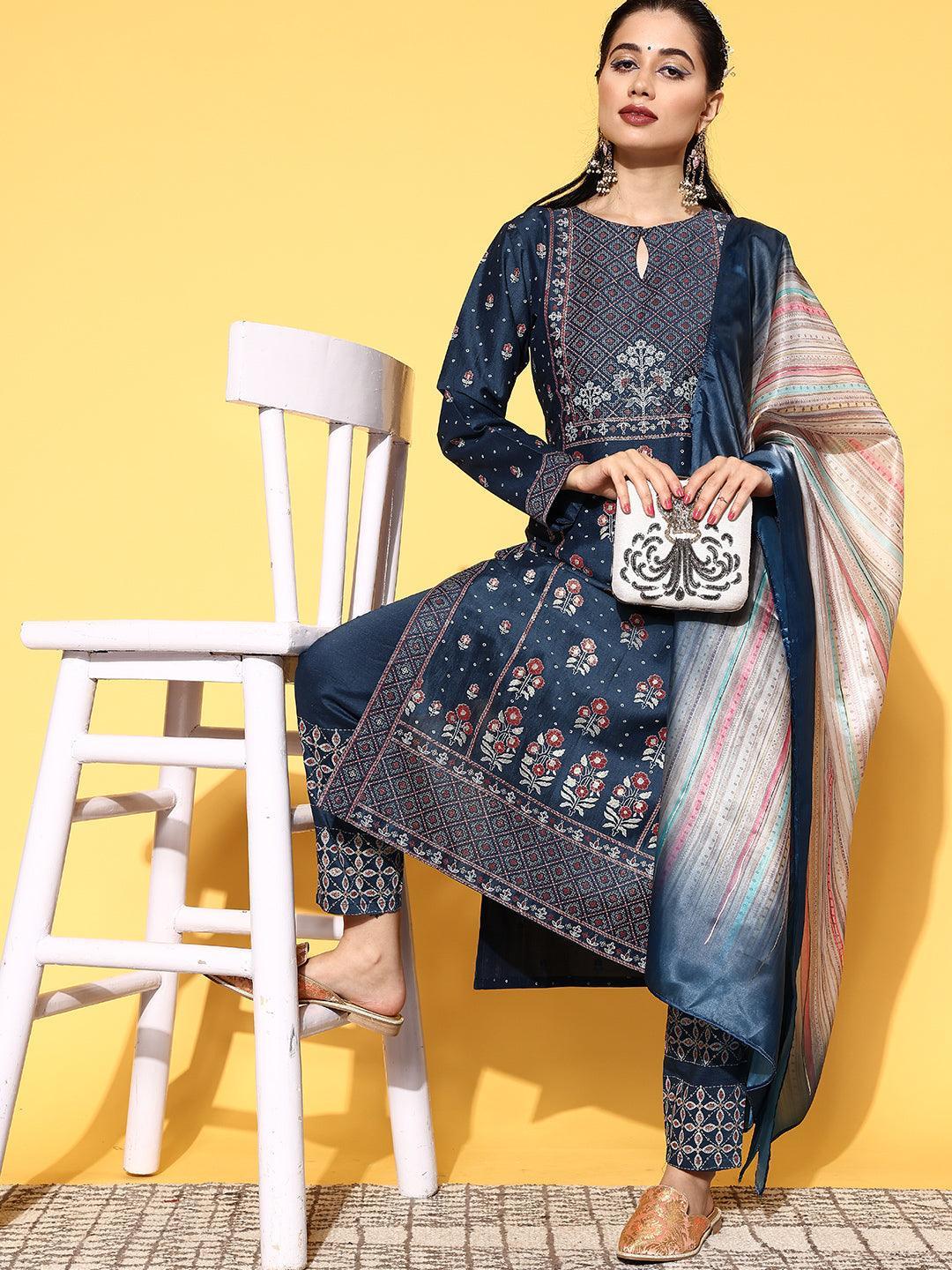 Blue Printed Silk Blend Straight Suit Set - ShopLibas