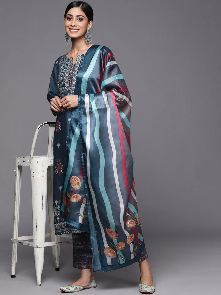 Blue Printed Silk Blend Straight Suit Set