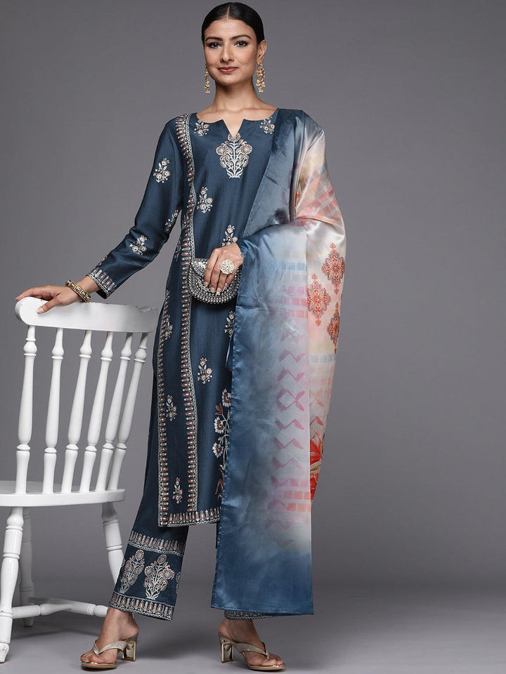 Blue Printed Silk Blend Straight Suit Set