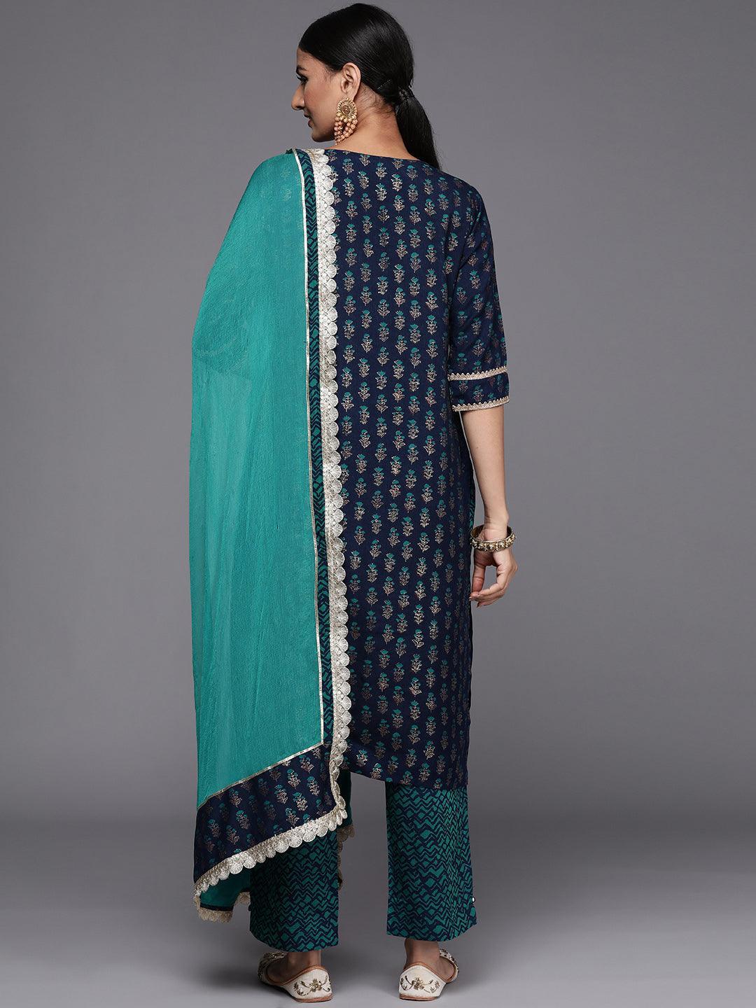 Blue Printed Silk Blend Straight Suit Set - ShopLibas