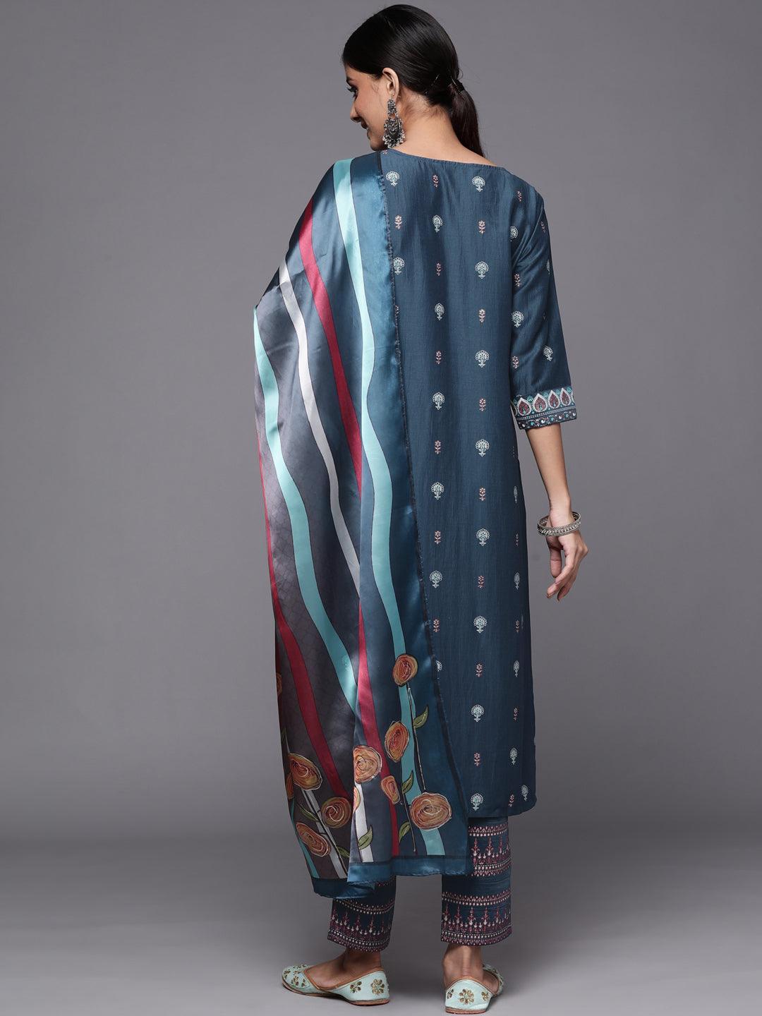 Blue Printed Silk Blend Straight Suit Set - ShopLibas
