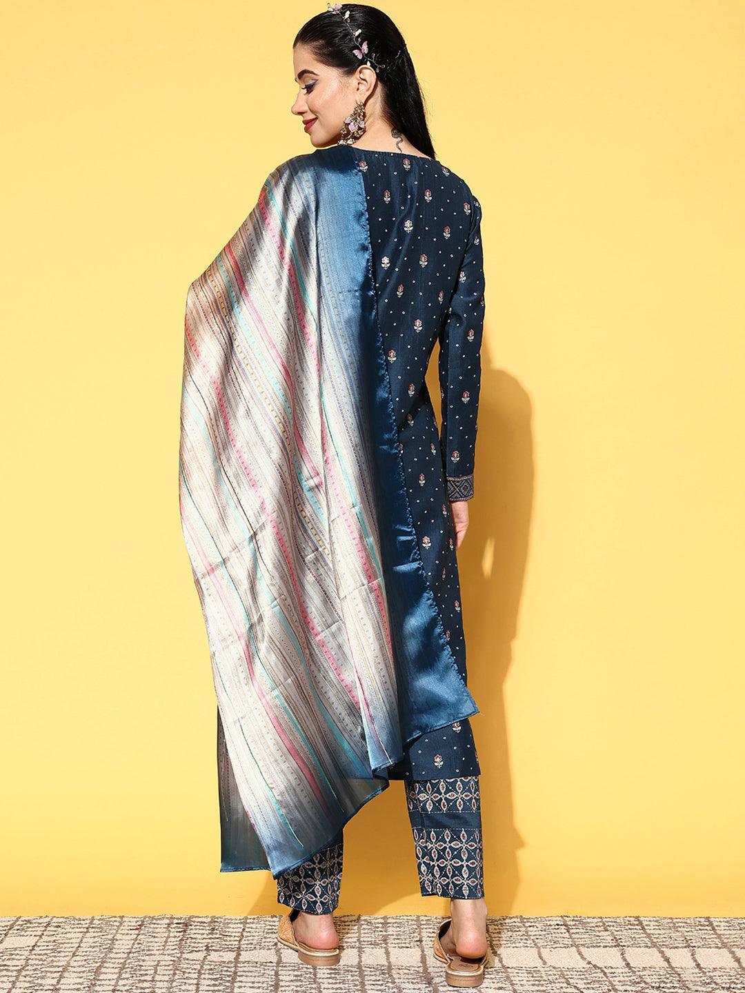 Blue Printed Silk Blend Straight Suit Set - ShopLibas