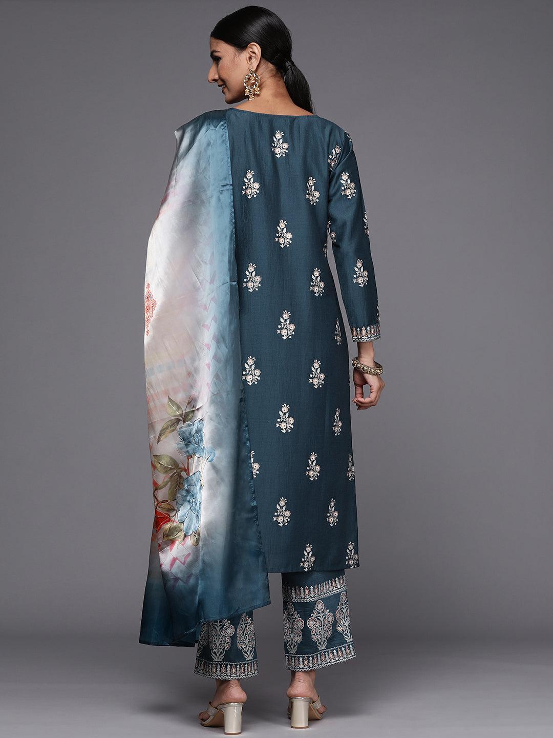 Blue Printed Silk Blend Straight Suit Set - ShopLibas