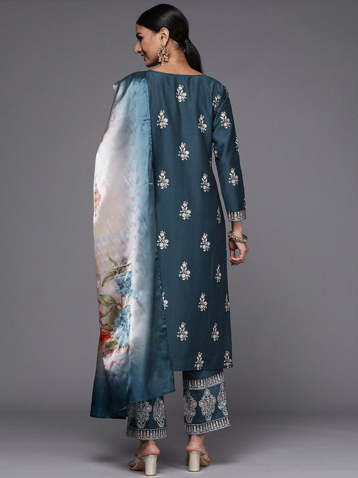 Blue Printed Silk Blend Straight Suit Set