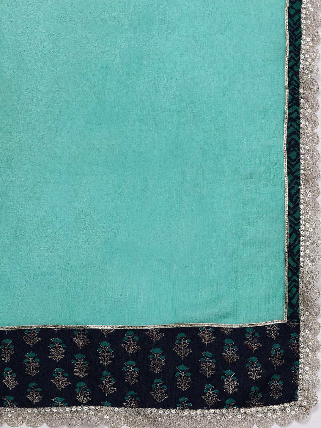 Blue Printed Silk Blend Straight Suit Set - ShopLibas