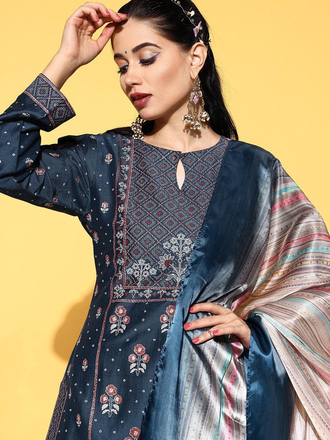 Blue Printed Silk Blend Straight Suit Set - ShopLibas