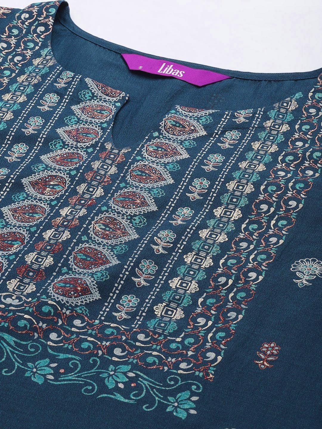 Blue Printed Silk Blend Straight Suit Set - ShopLibas