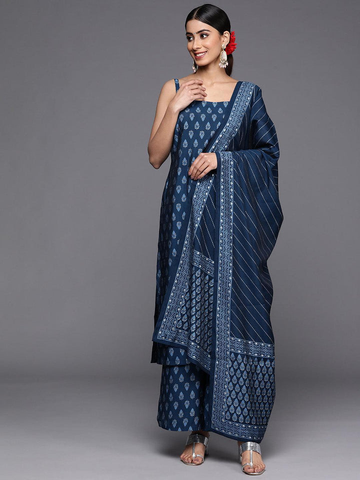 Blue Printed Silk Blend Straight Suit Set With Palazzos