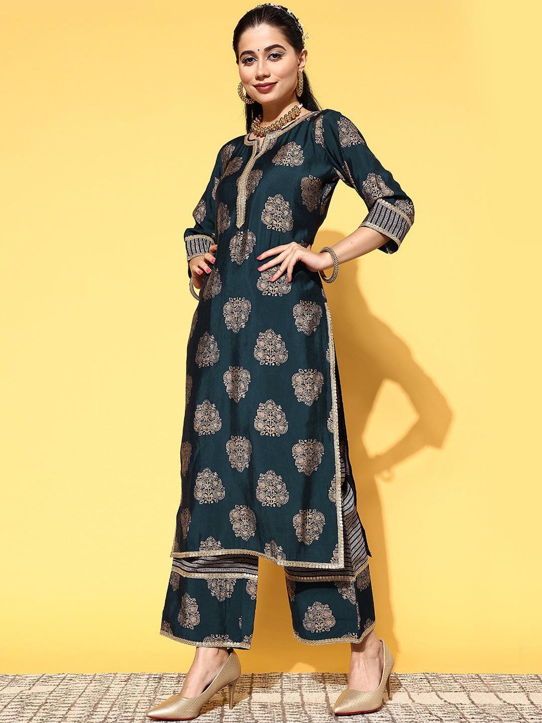 Blue Printed Silk Blend Straight Suit Set - ShopLibas