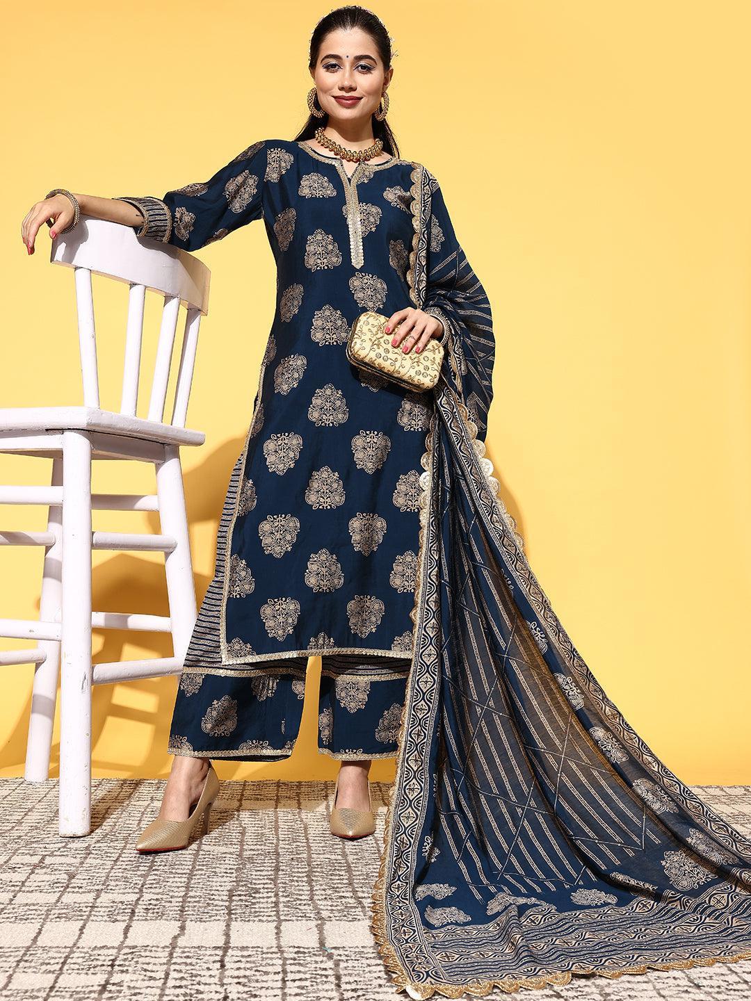 Blue Printed Silk Blend Straight Suit Set - ShopLibas