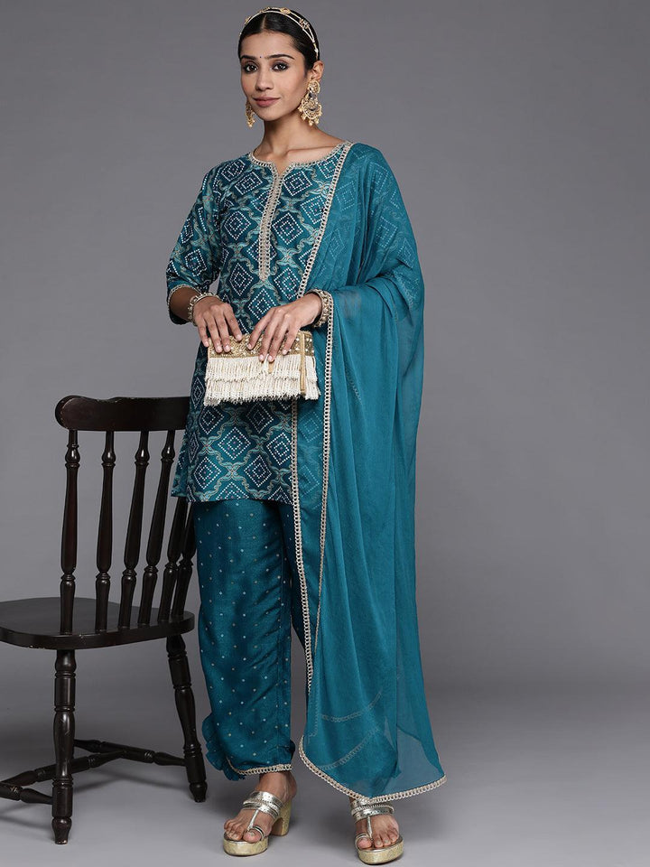 Blue Printed Silk Blend Straight Kurta With Palazzos & Dupatta