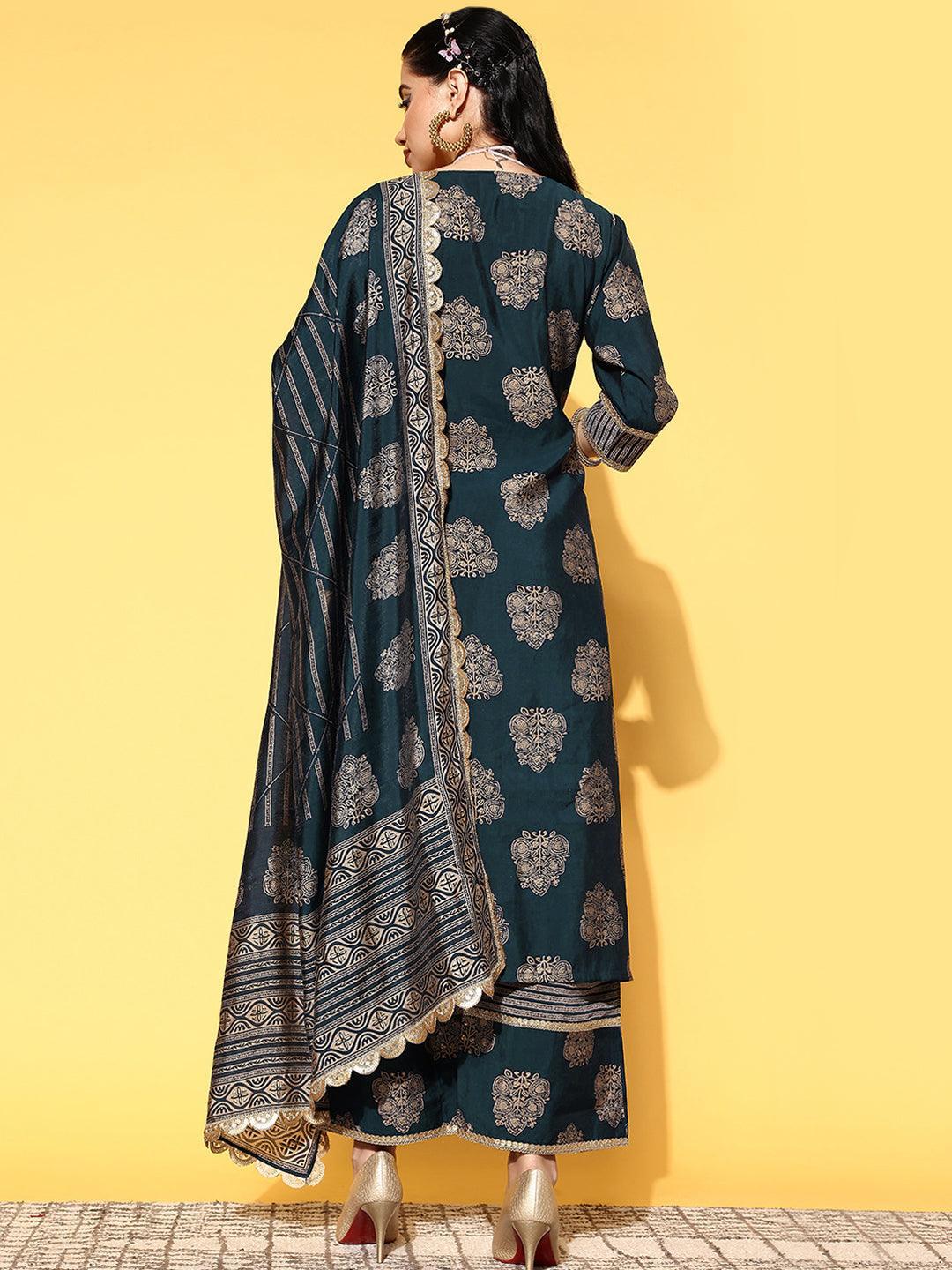 Blue Printed Silk Blend Straight Suit Set - ShopLibas