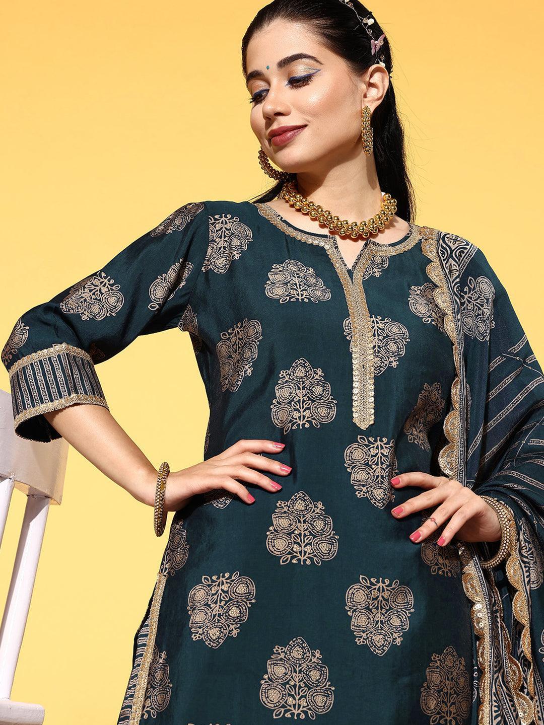 Blue Printed Silk Blend Straight Suit Set - ShopLibas