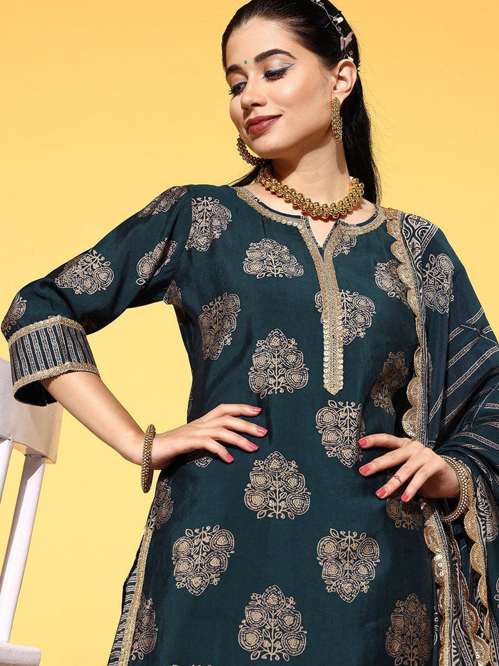 Blue Printed Silk Blend Straight Suit Set