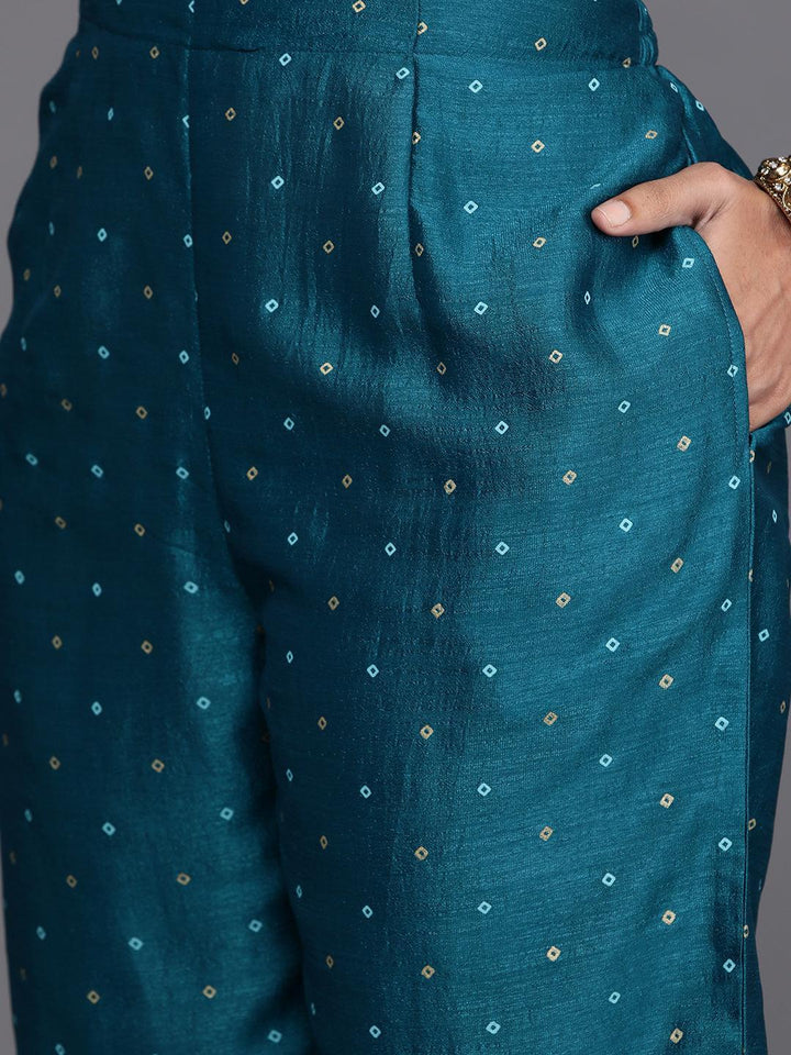 Blue Printed Silk Blend Straight Kurta With Palazzos & Dupatta